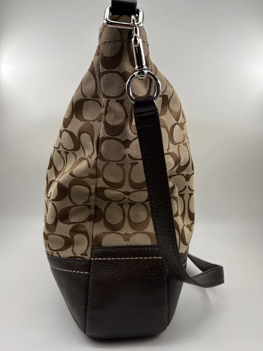 Coach Brown & Beige Signature Canvas Shoulder Bag with Dark Brown Leather Trim